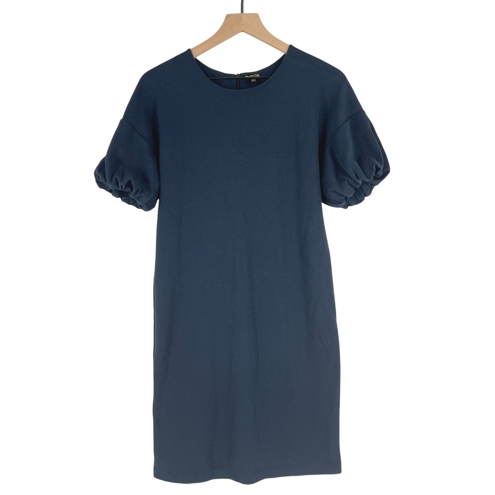 Massimo Dutti Mini Shift Dress‎ Womens Small Blue Puff Sleeve Back Tie & Zip